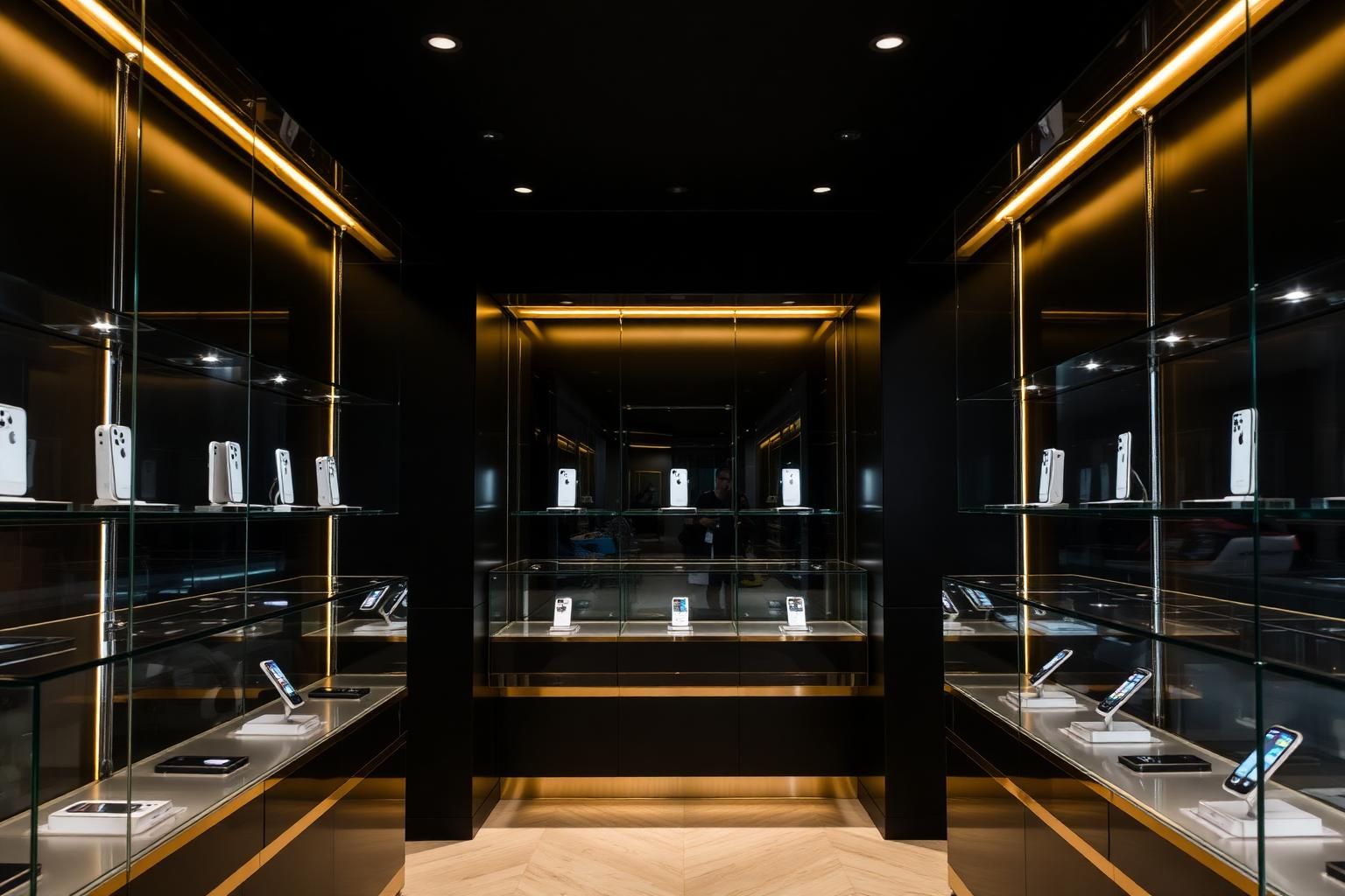 Interior de una tienda premium de celulares: vitrinas de vidrio con teléfonos iPhone en exhibición e iluminación cálida dorada