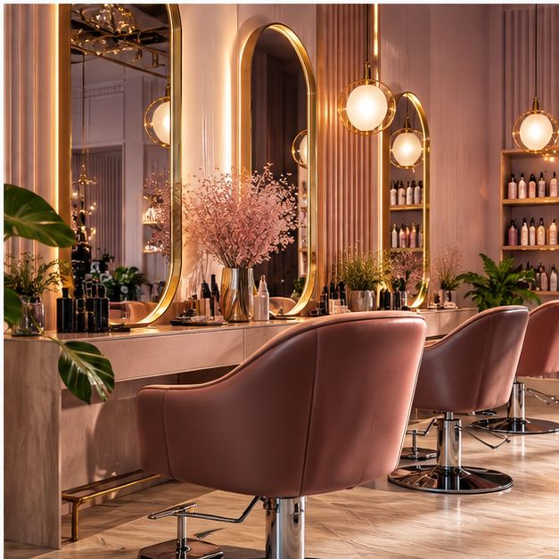 Interior de una peluquería con espejos dorados y sillones rosados